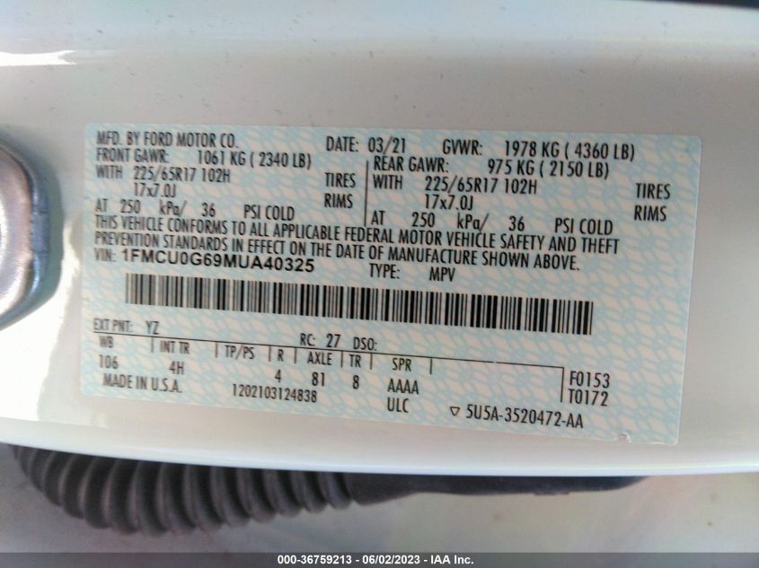 2021 FORD ESCAPE SE - 1FMCU0G69MUA40325