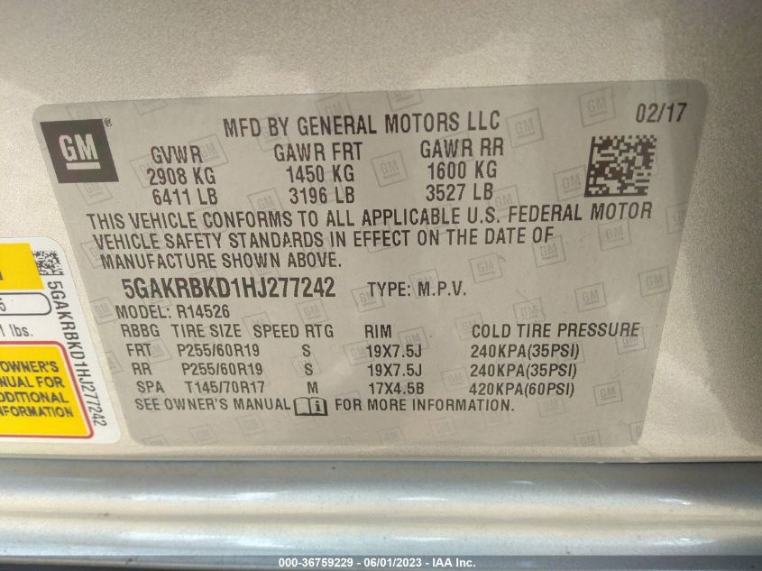 2017 BUICK ENCLAVE LEATHER - 5GAKRBKD1HJ277242