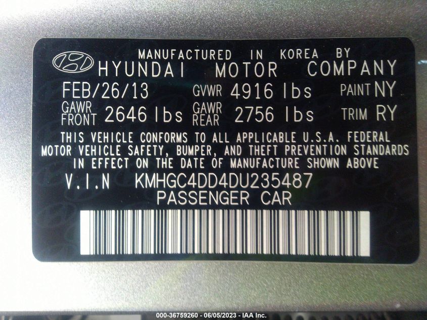 2013 HYUNDAI GENESIS 3.8L - KMHGC4DD4DU235487