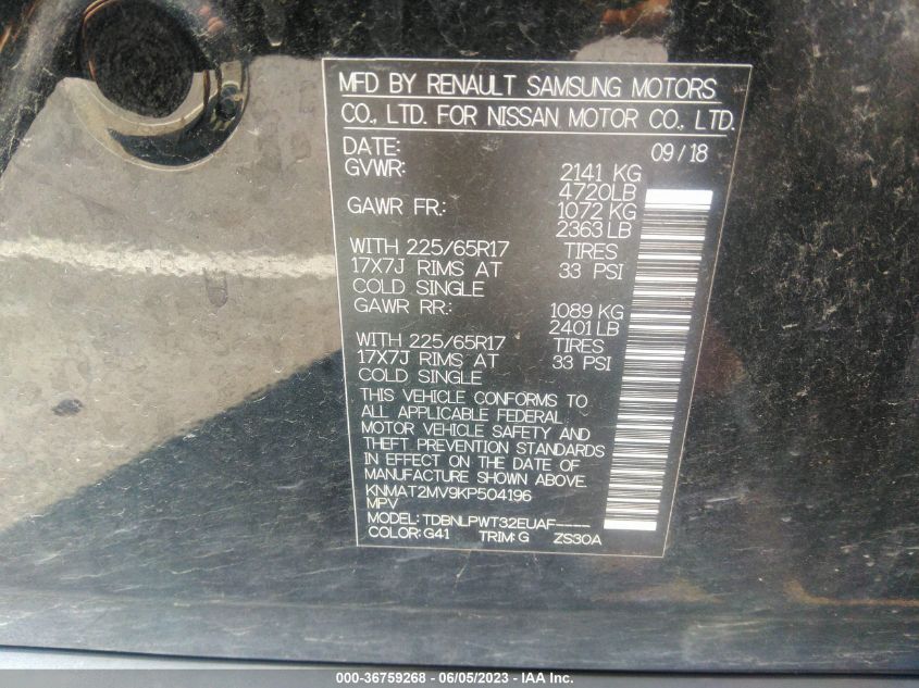 2019 NISSAN ROGUE S - KNMAT2MV9KP504196