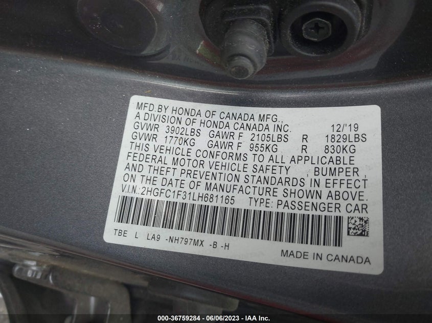 VIN 2HGFC1F31LH681165 2020 HONDA CIVIC SEDAN EX