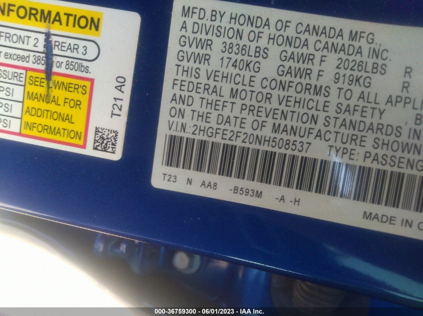 2022 HONDA CIVIC SEDAN LX - 2HGFE2F20NH508537