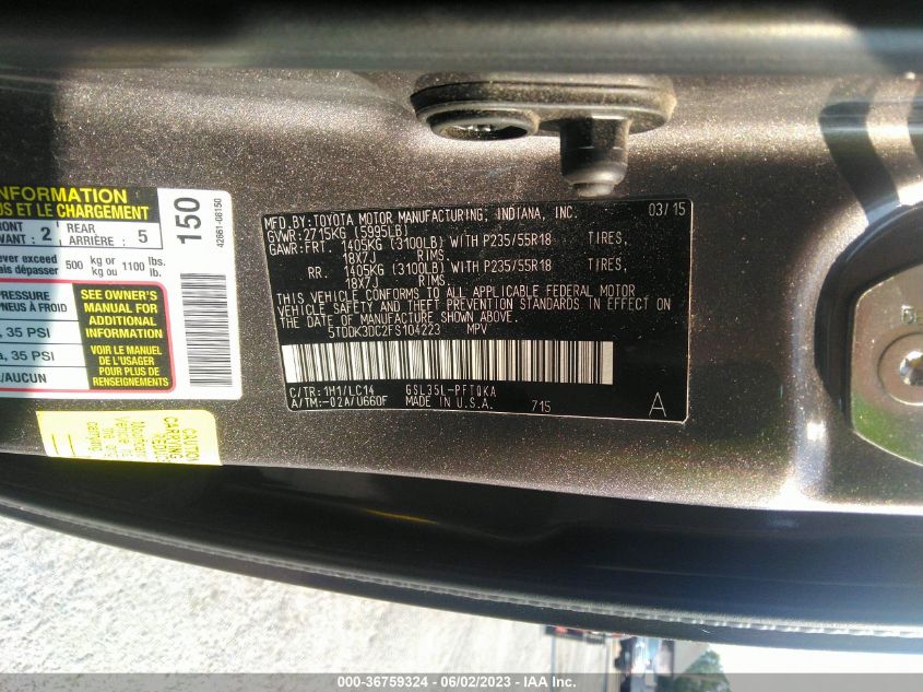2015 TOYOTA SIENNA LTD/XLE/XLE PREMIUM - 5TDDK3DC2FS104223