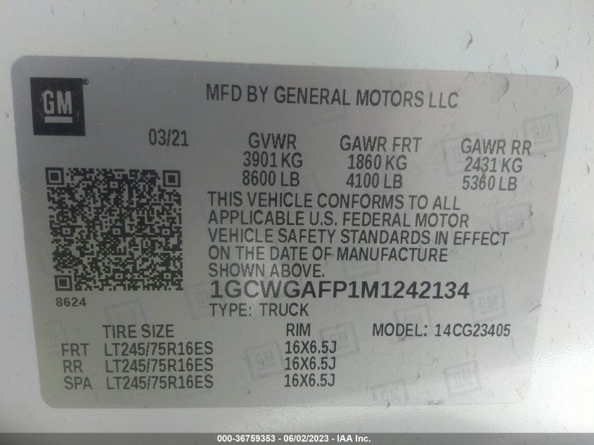 2021 CHEVROLET EXPRESS CARGO VAN - 1GCWGAFP1M1242134