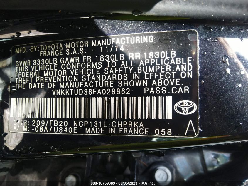 2015 TOYOTA YARIS L/SE/LE - VNKKTUD38FA028862