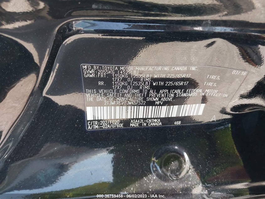 VIN 2T3WFREV2JW457522 2018 TOYOTA RAV4 XLE/ADVENTURE