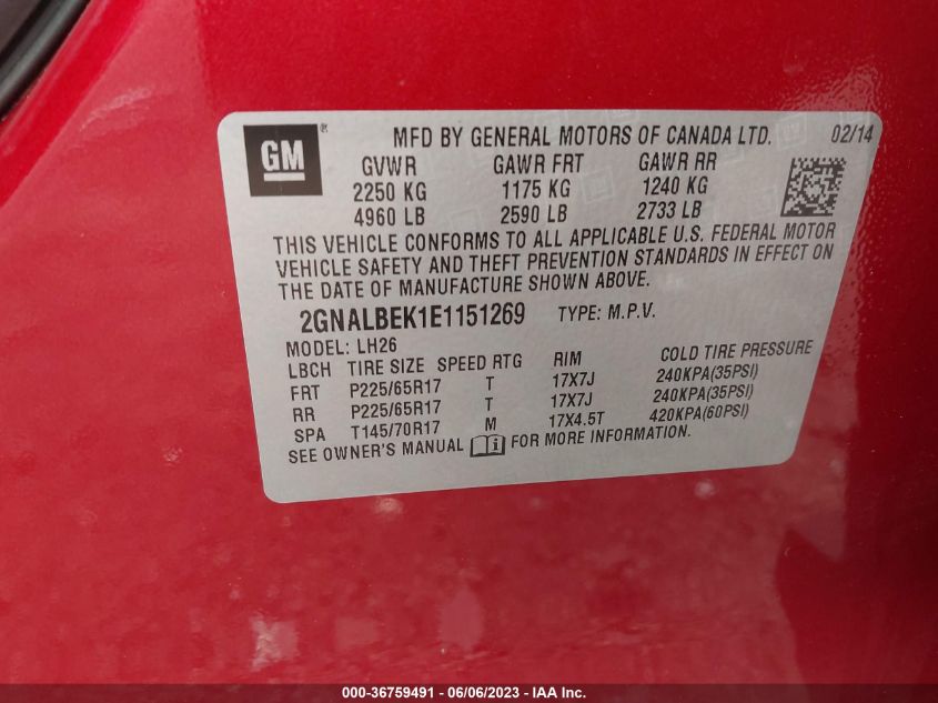 2014 CHEVROLET EQUINOX LT - 2GNALBEK1E1151269