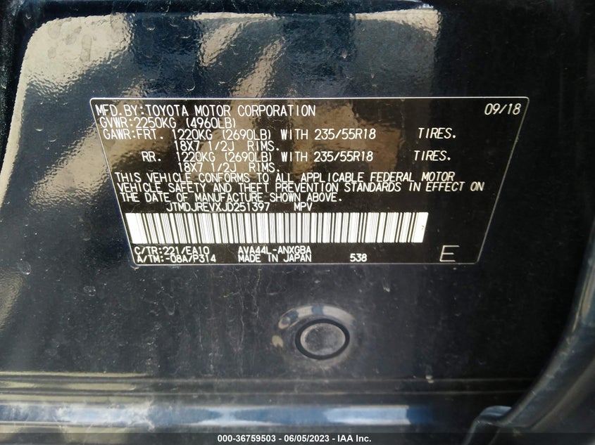 VIN JTMDJREVXJD251397 2018 TOYOTA RAV4 HYBRID LIMITED