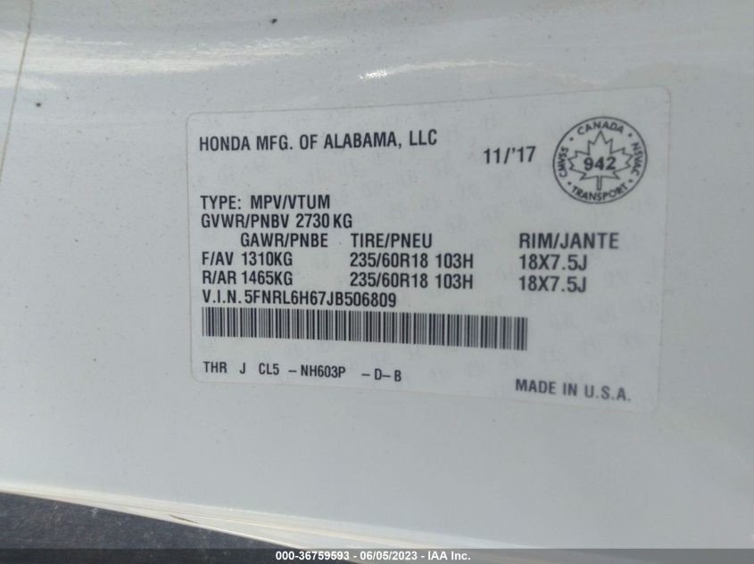 2018 HONDA ODYSSEY EX-L - 5FNRL6H67JB506809