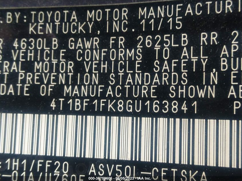 2016 TOYOTA CAMRY XLE/SE/LE/XSE - 4T1BF1FK8GU163841