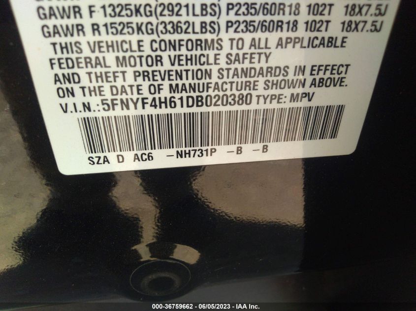 2013 HONDA PILOT EX-L - 5FNYF4H61DB020380
