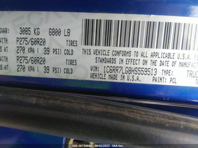 VIN 1C6RR7LG8HS559513 2017 RAM 1500 BIG HORN