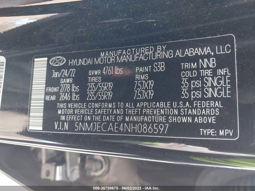 VIN 5NMJECAE4NH086597 2022 HYUNDAI TUCSON LIMITED