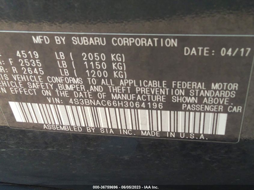 2017 SUBARU LEGACY PREMIUM - 4S3BNAC66H3064196
