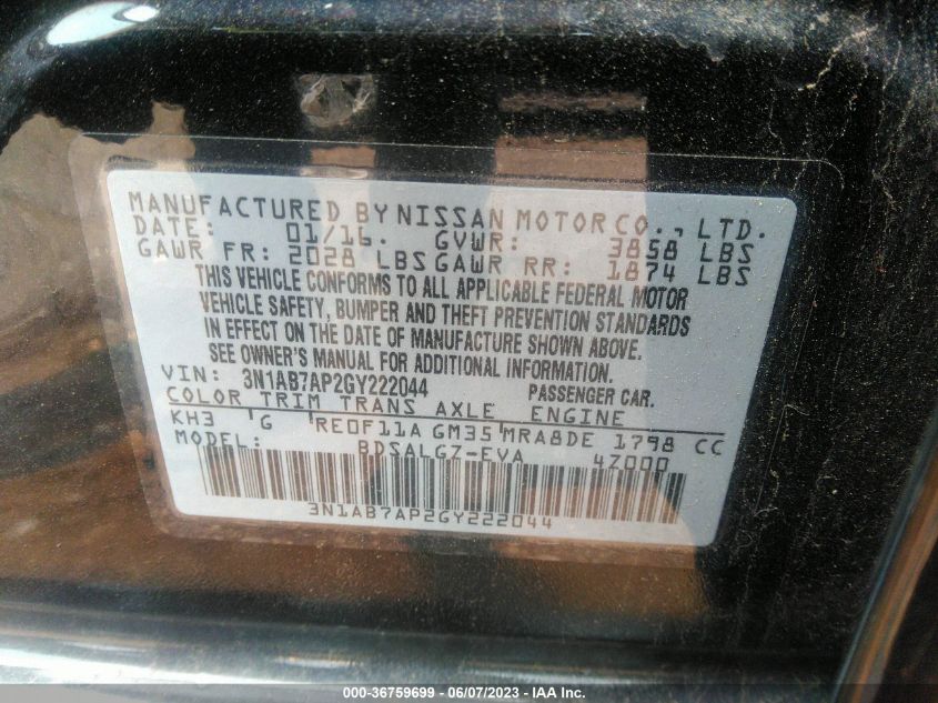 2016 NISSAN SENTRA SL - 3N1AB7AP2GY222044