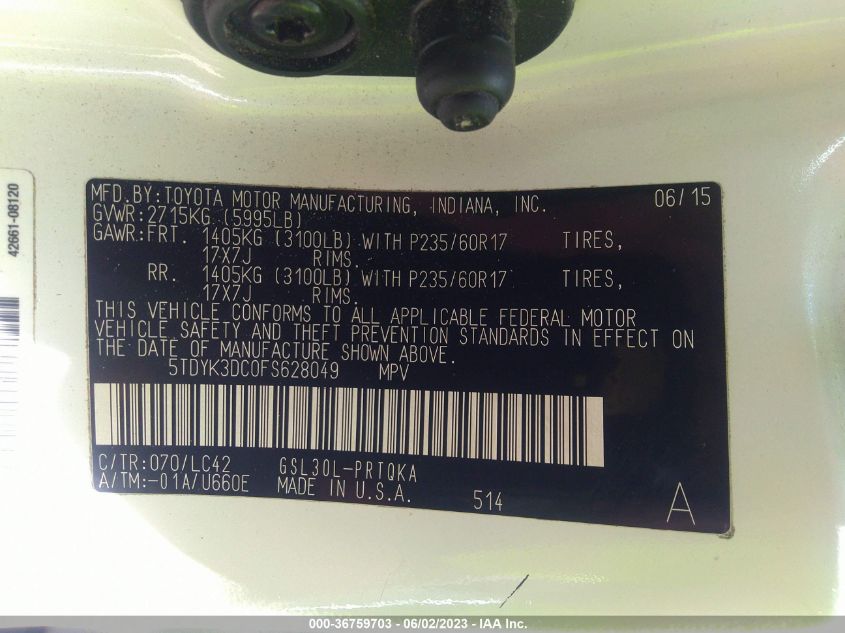 2015 TOYOTA SIENNA XLE/XLE AAS/LTD - 5TDYK3DC0FS628049