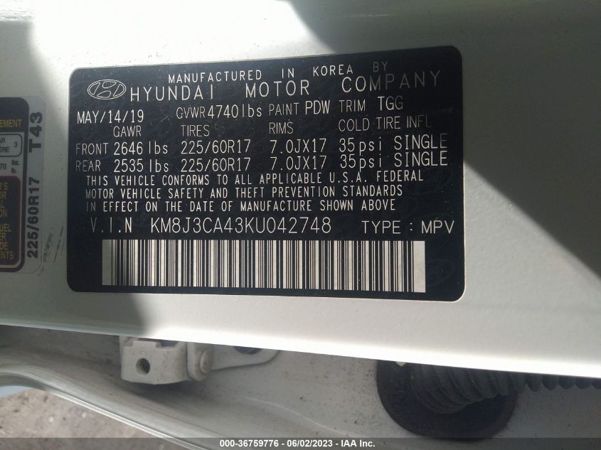 2019 HYUNDAI TUCSON VALUE - KM8J3CA43KU042748