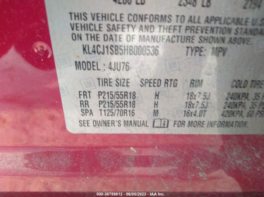 2017 BUICK ENCORE SPORT TOURING - KL4CJ1SB5HB000536