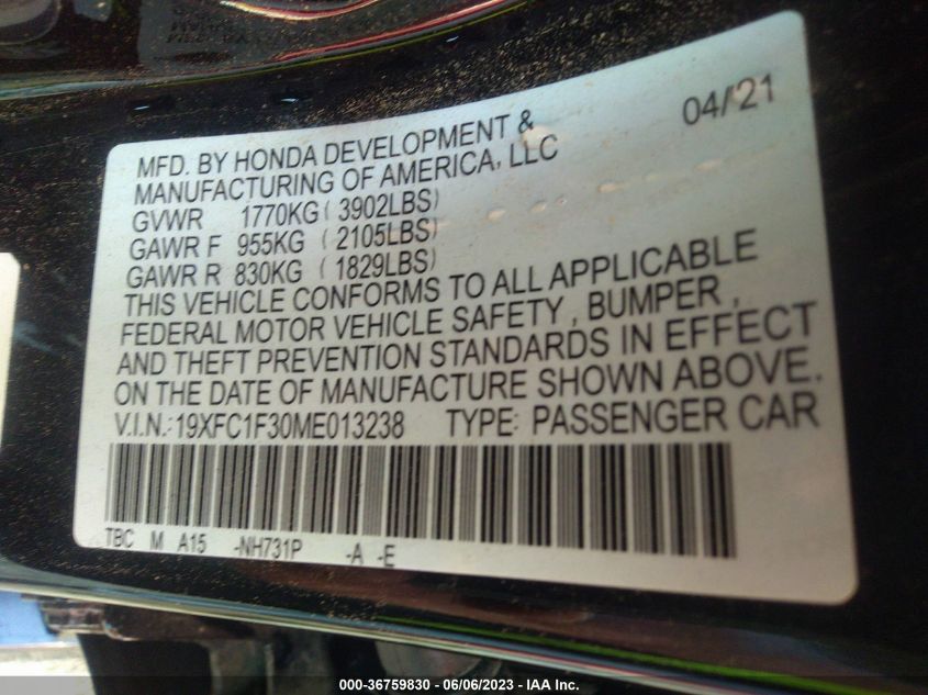 2021 HONDA CIVIC SEDAN EX - 19XFC1F30ME013238