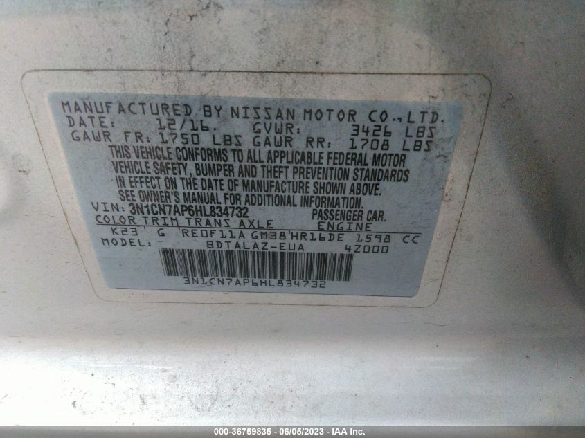 2017 NISSAN VERSA SEDAN S PLUS - 3N1CN7AP6HL834732