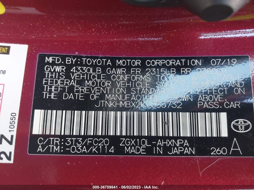2019 TOYOTA C-HR XLE/LE/LIMITED - JTNKHMBX2K1053732