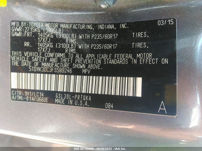 2015 TOYOTA SIENNA XLE/XLE AAS/LTD - 5TDYK3DC3FS589246