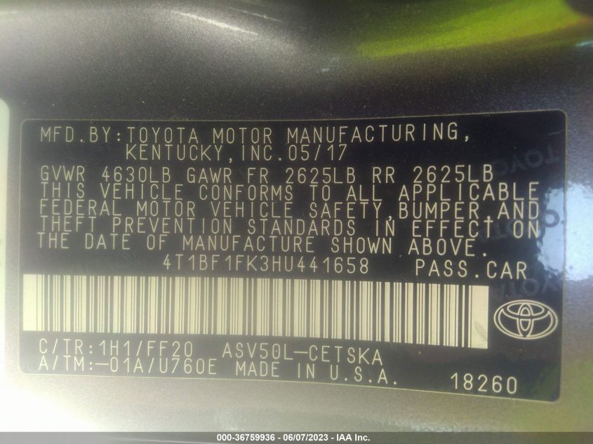 2017 TOYOTA CAMRY XLE/SE/LE/XSE - 4T1BF1FK3HU441658