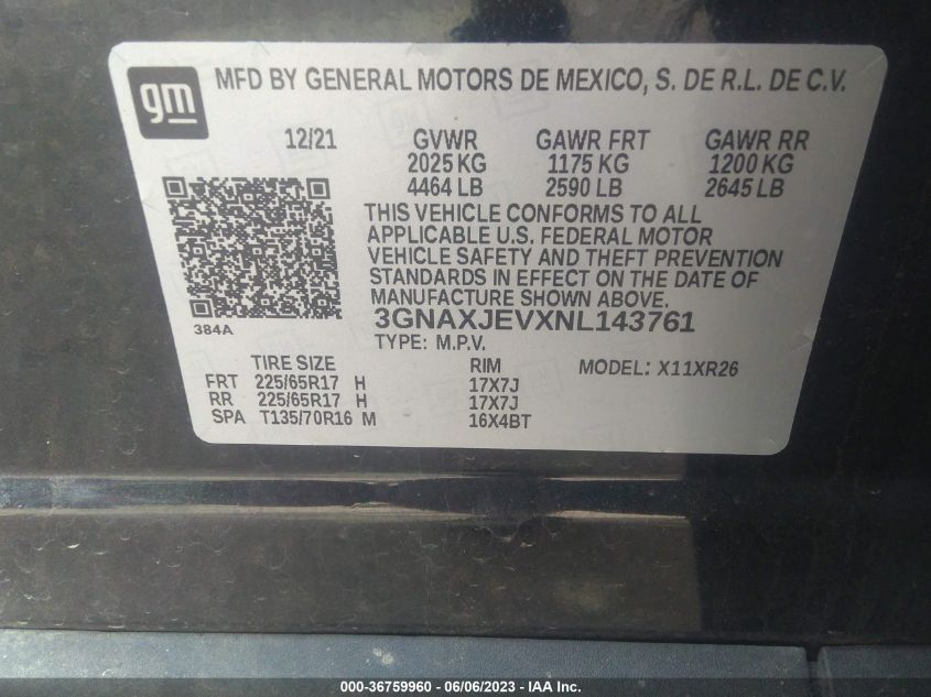 2022 CHEVROLET EQUINOX LT - 3GNAXJEVXNL143761