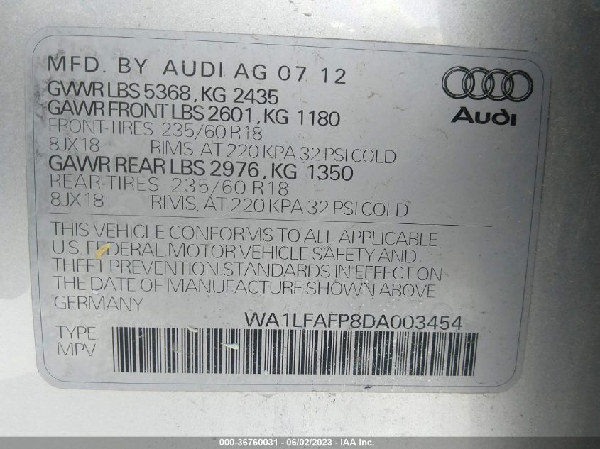 2013 AUDI Q5 PREMIUM PLUS - WA1LFAFP8DA003454