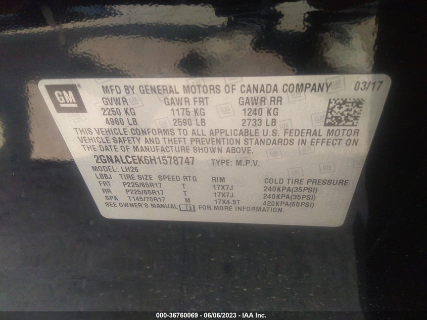 VIN 2GNALCEK6H1578747 2017 CHEVROLET EQUINOX LT