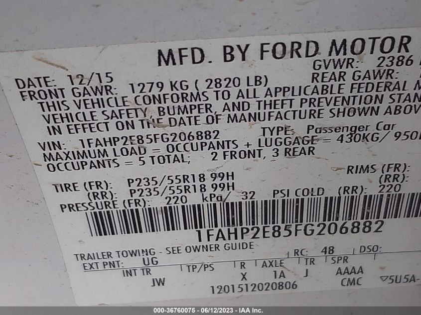 2015 FORD TAURUS SEL - 1FAHP2E85FG206882