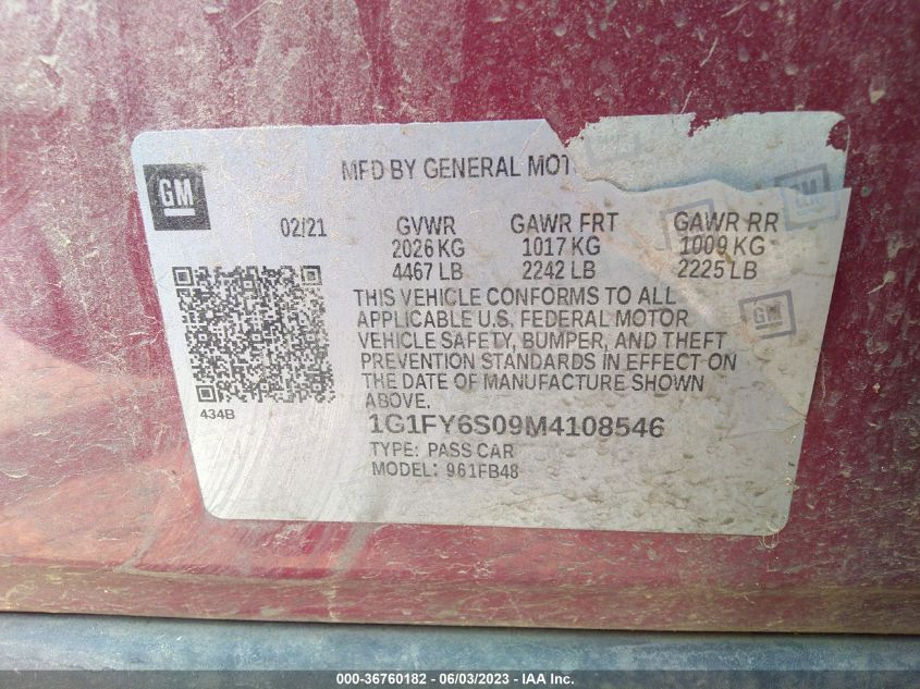 2021 CHEVROLET BOLT EV LT 1G1FY6S09M4108546
