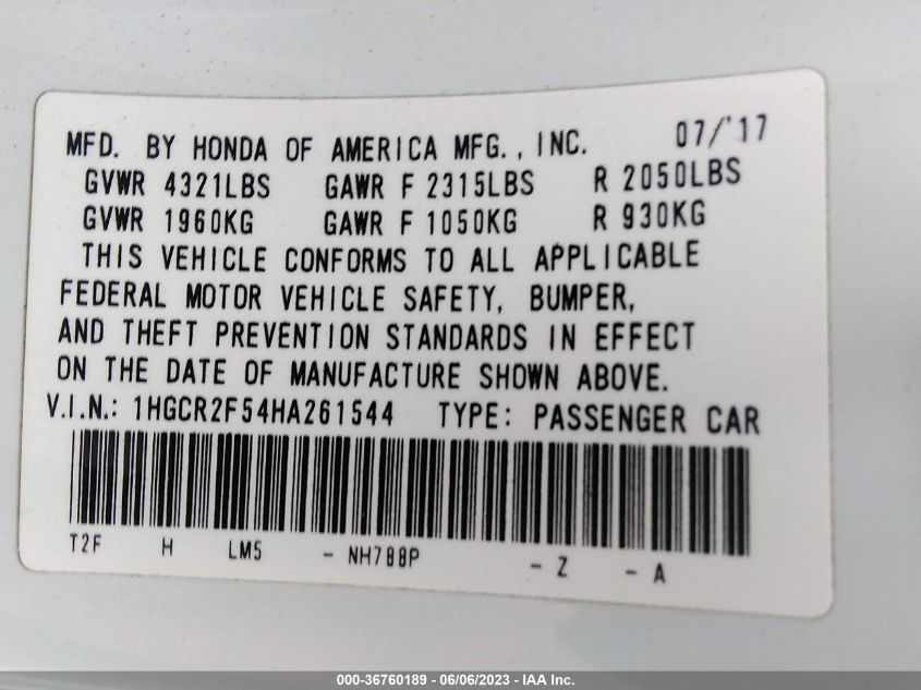2017 HONDA ACCORD SEDAN SPORT - 1HGCR2F54HA261544