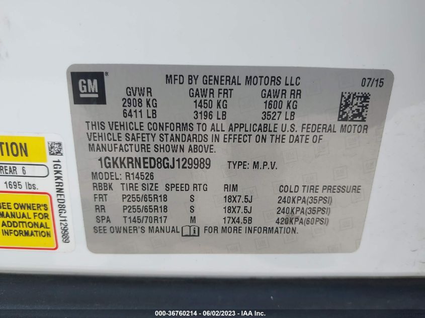 2016 GMC ACADIA SLE - 1GKKRNED8GJ129989