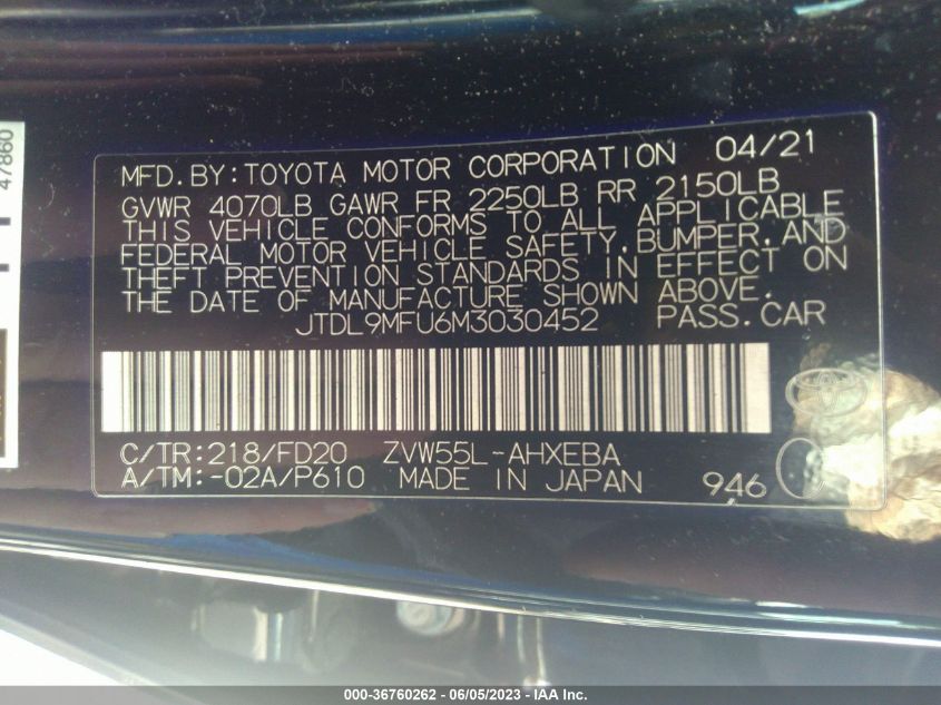 2021 TOYOTA PRIUS LE/XLE - JTDL9MFU6M3030452