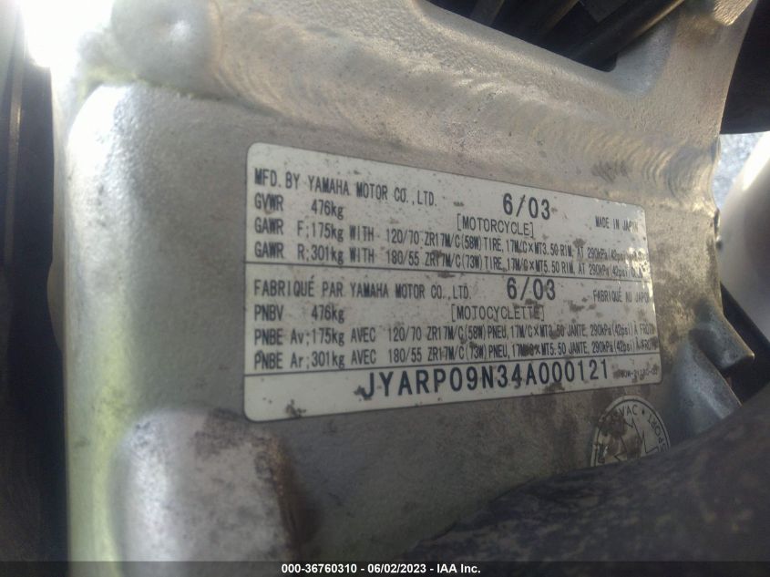 2004 YAMAHA FJR1300 AN JYARP09N34A000121