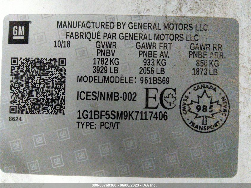 2019 CHEVROLET CRUZE PREMIER - 1G1BF5SM9K7117406