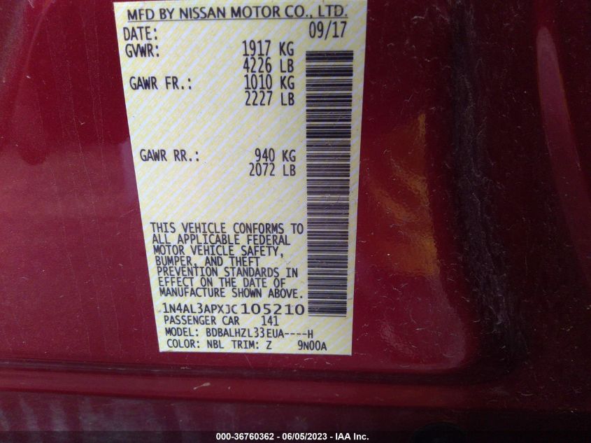 2018 NISSAN ALTIMA 2.5/S/SV/SL/SR - 1N4AL3APXJC105210