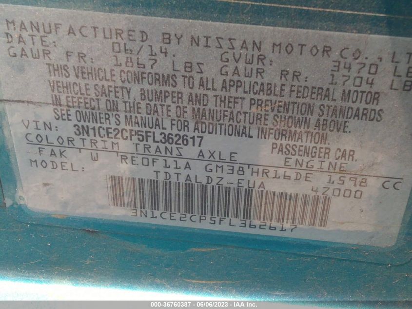 2015 NISSAN VERSA NOTE S/S PLUS/SV/SR/SL - 3N1CE2CP5FL362617