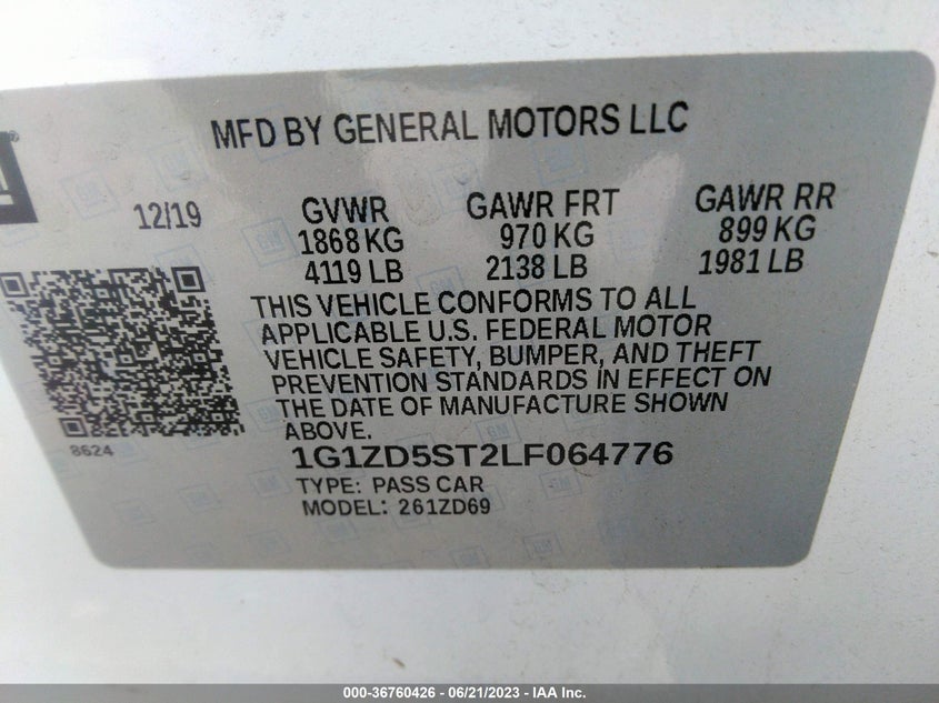 VIN 1G1ZD5ST2LF064776 2020 CHEVROLET MALIBU LT