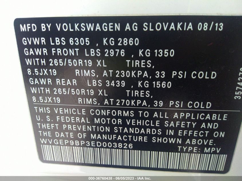 2014 VOLKSWAGEN TOUAREG V6 TDI - WVGEP9BP3ED003826