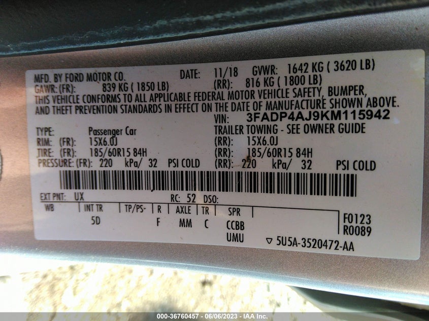 VIN 3FADP4AJ9KM115942 2019 FORD FIESTA S