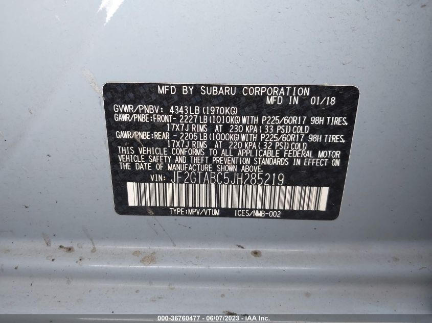 2018 SUBARU CROSSTREK PREMIUM - JF2GTABC5JH285219