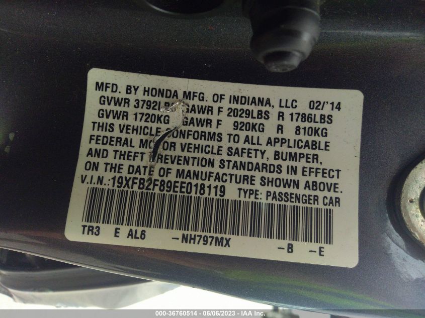 2014 HONDA CIVIC SEDAN EX - 19XFB2F89EE018119