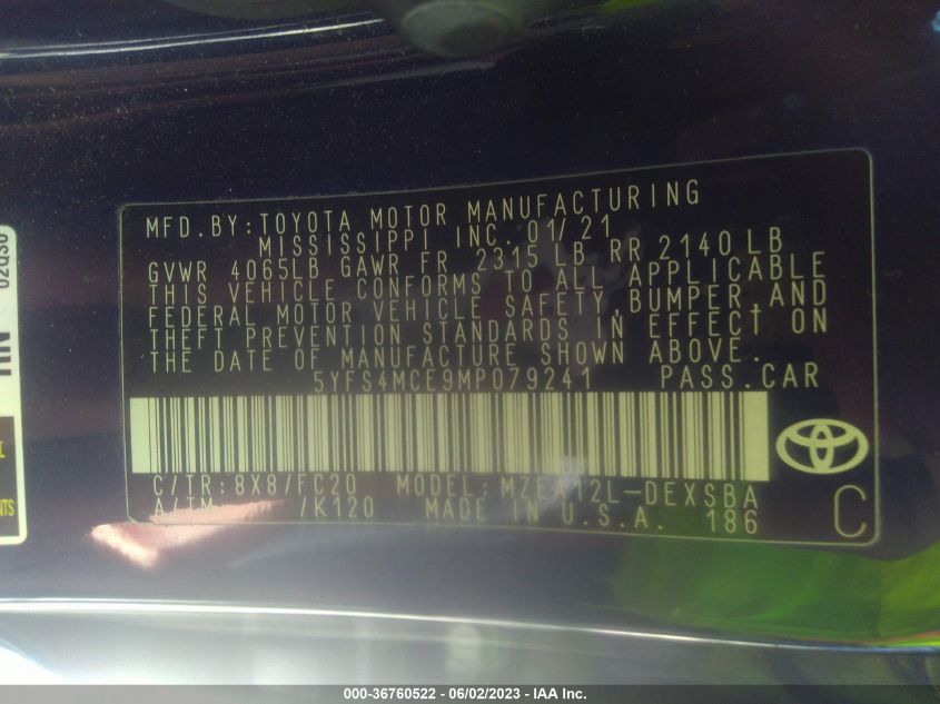 2021 TOYOTA COROLLA SE/NIGHTSHADE/APEX SE - 5YFS4MCE9MP079241