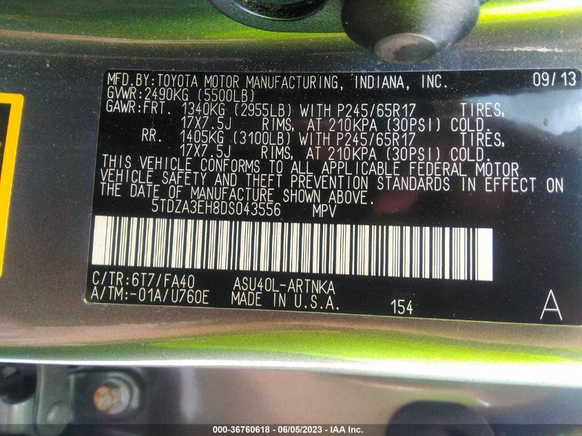 2013 TOYOTA HIGHLANDER - 5TDZA3EH8DS043556