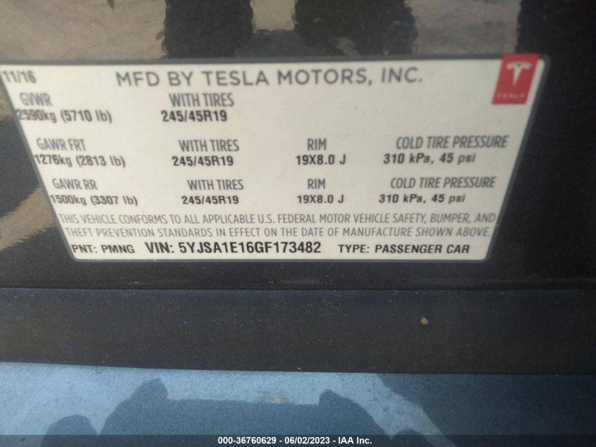 2016 TESLA MODEL S 75 - 5YJSA1E16GF173482