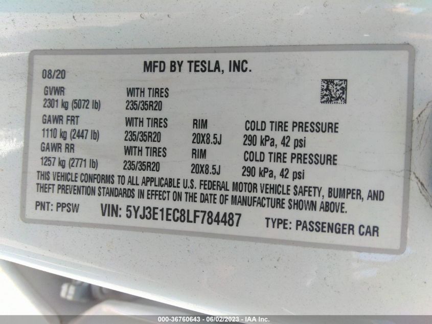 2020 TESLA MODEL 3 PERFORMANCE - 5YJ3E1EC8LF784487