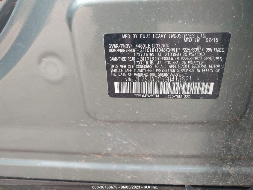 2016 SUBARU FORESTER 2.5I - JF2SJABC5GH418621