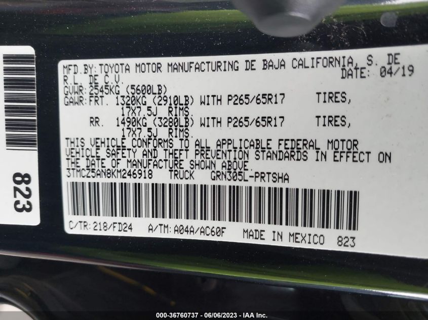 2019 TOYOTA TACOMA 4WD SR/SR5/TRD SPORT - 3TMCZ5AN8KM246918